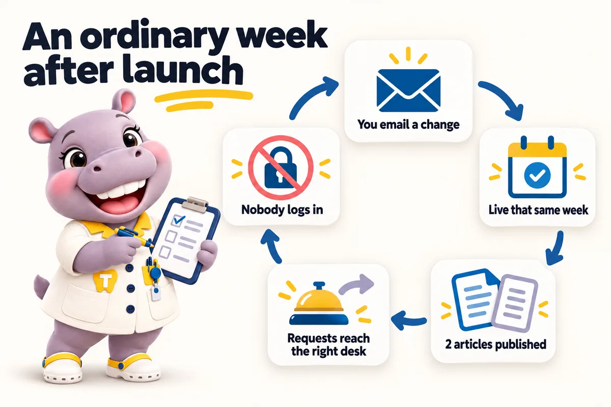 An ordinary week after launch: you email a change, live that same week, 2 articles published, requests reach the right desk, nobody logs in. Tiffy ticks her clipboard.