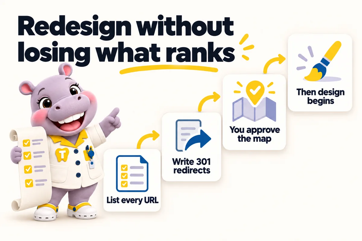 Redesign without losing what ranks: list every URL, write 301 redirects, you approve the map, then design begins. Tiffy ticks the inventory.