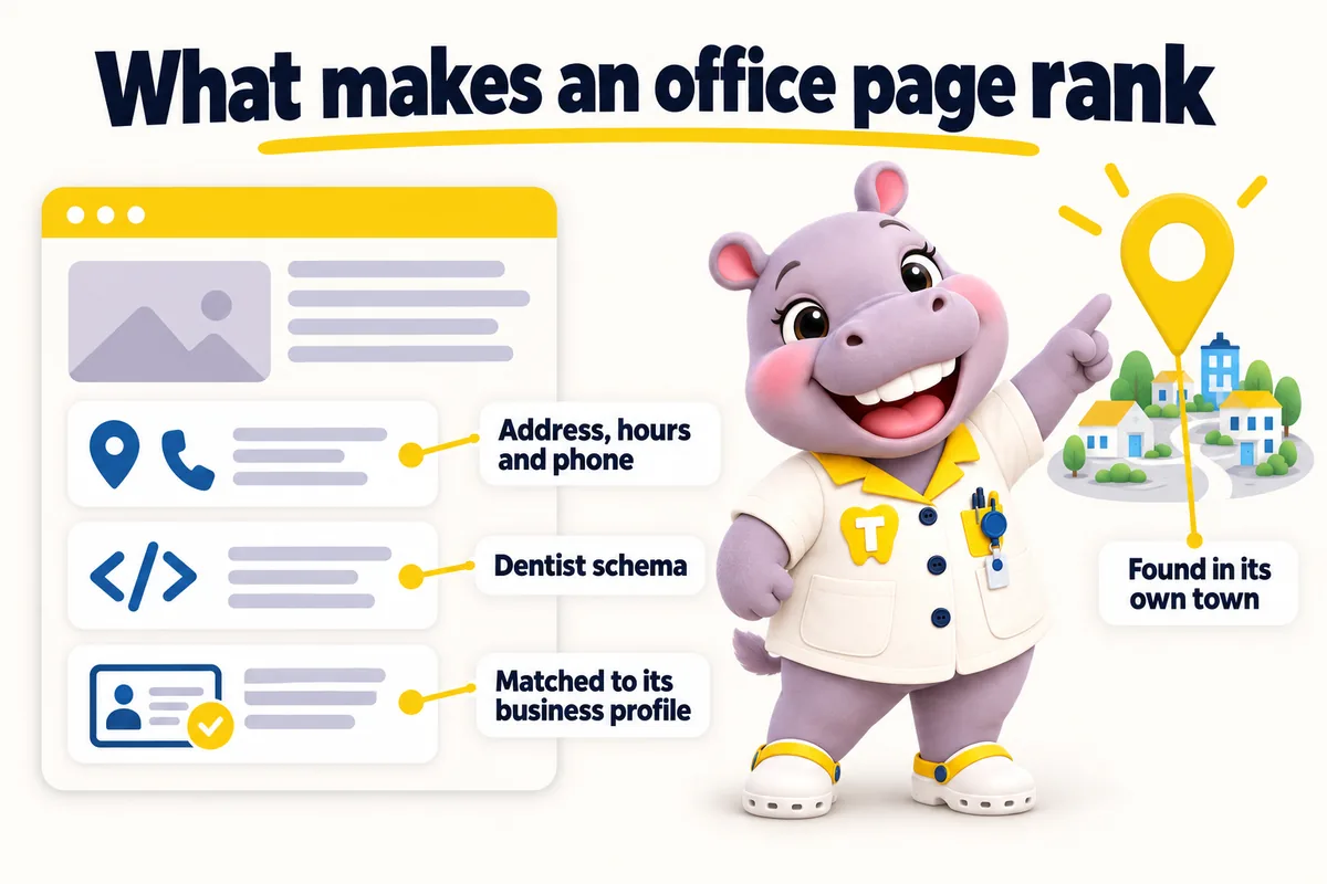 What makes an office page rank: address, hours and phone; Dentist schema; matched to its business profile; found in its own town. Tiffy points at the map pin.