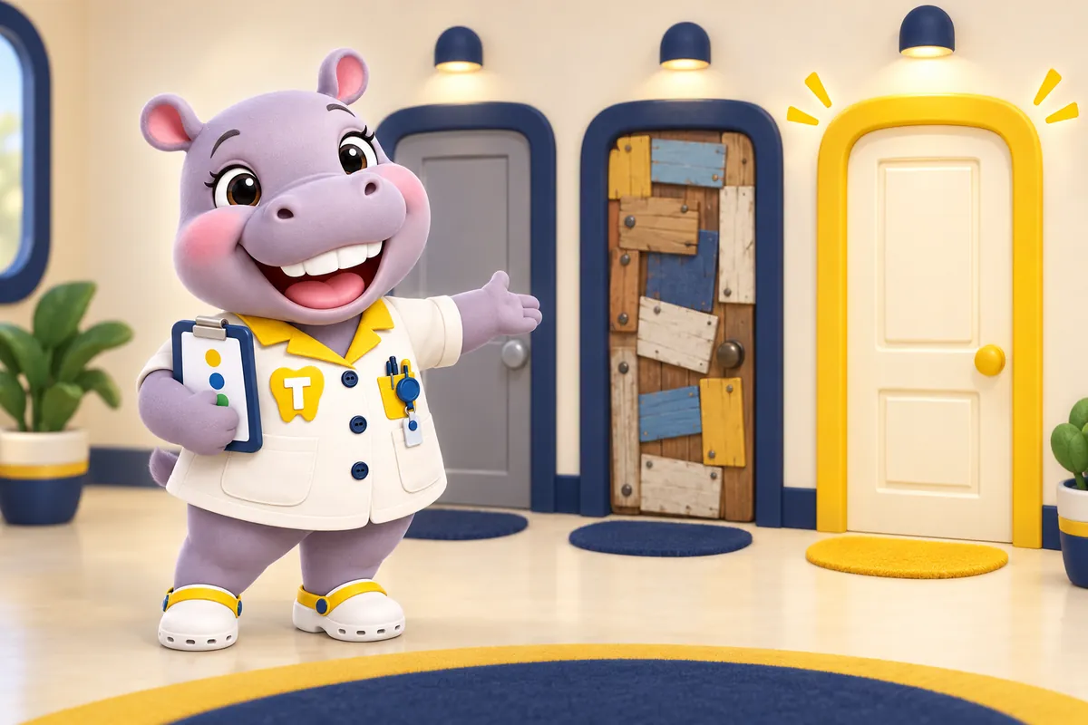 Tiffy, the ChairsideWeb hippo mascot, presenting three doors: a plain grey one, a patched-up one and a tidy one framed in yellow