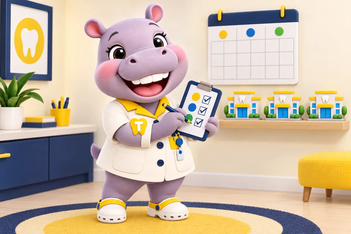 Tiffy, the ChairsideWeb hippo mascot, ticking off weekly updates on her clipboard